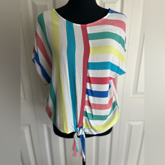 Luxology* Fun Multicolored Striped Color Block Tie Front Blouse || Size Medium - Picture 1 of 4